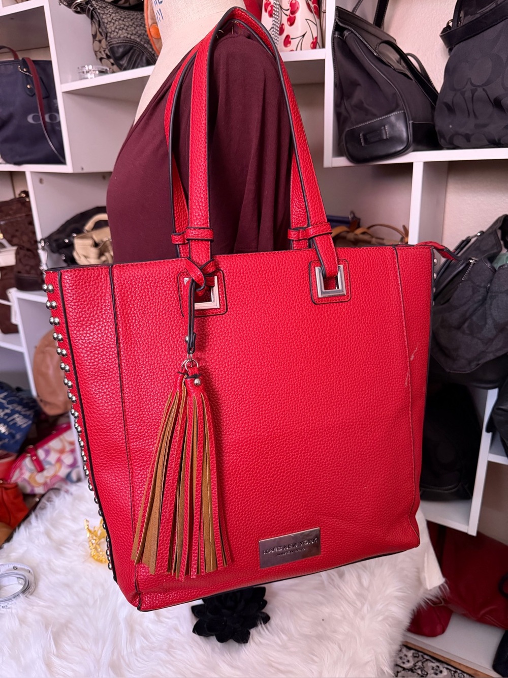 Marc New York Red Leather Tote with Tassel and Stud Detail